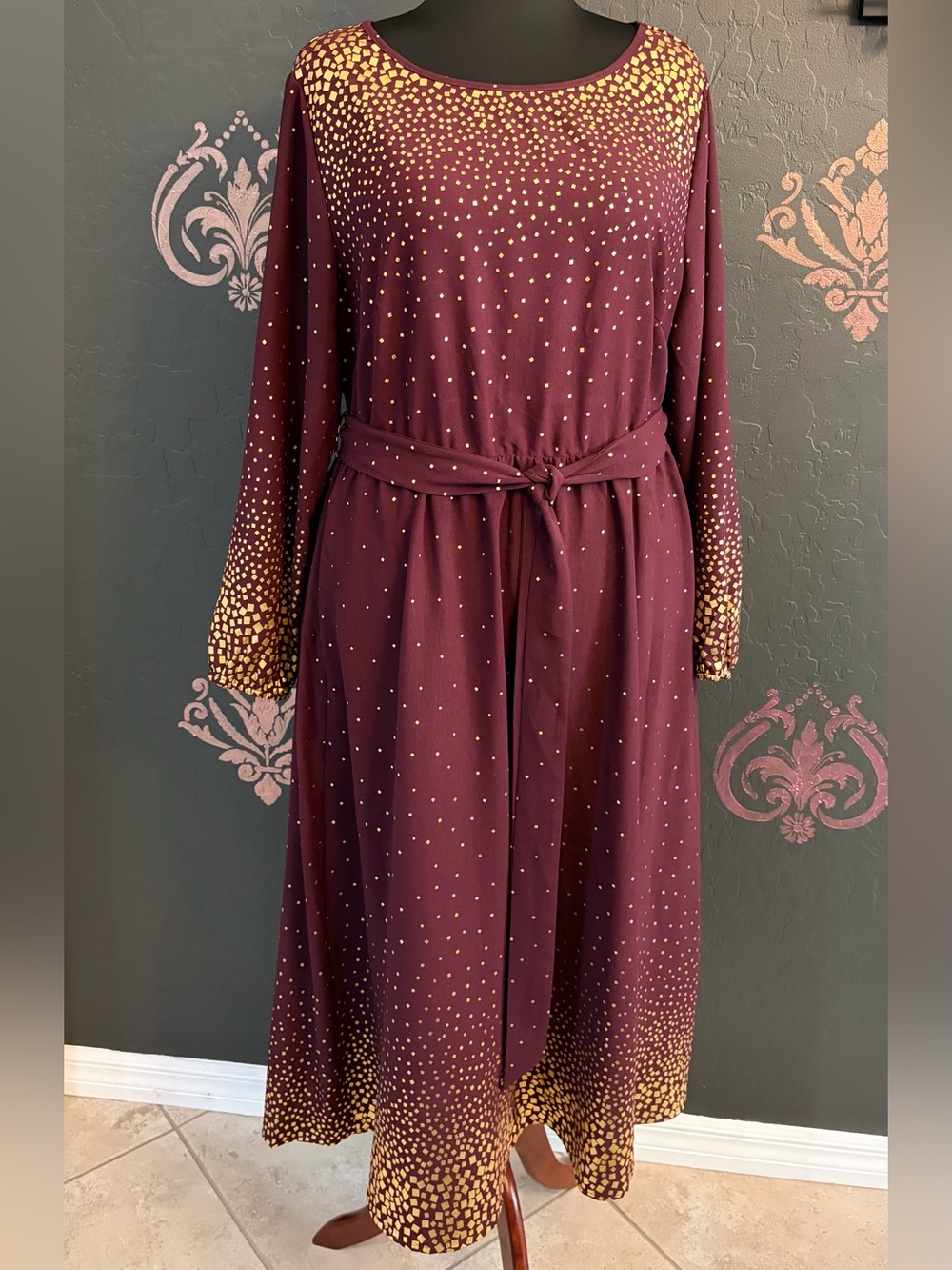 BloomChic Burgundy Long Sleeve Belted Dress with Gold Dot Detail